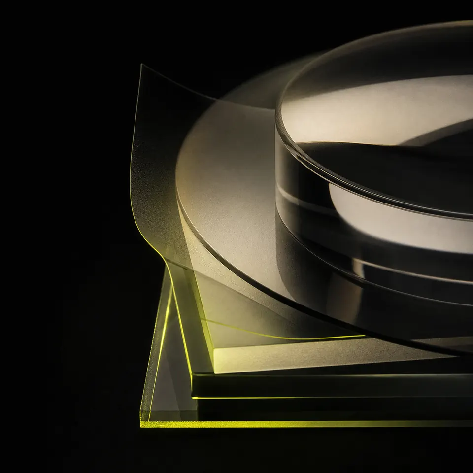 Optical glass sculpture with chartreuse light.