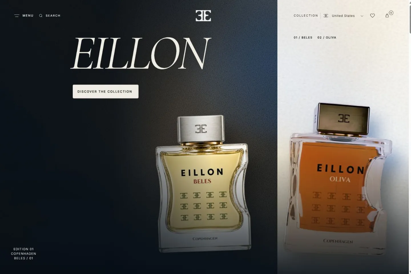 EILLONs aktuelle website med Beles-flasken med sølvlåg og Oliva-flasken med bronzelåg.