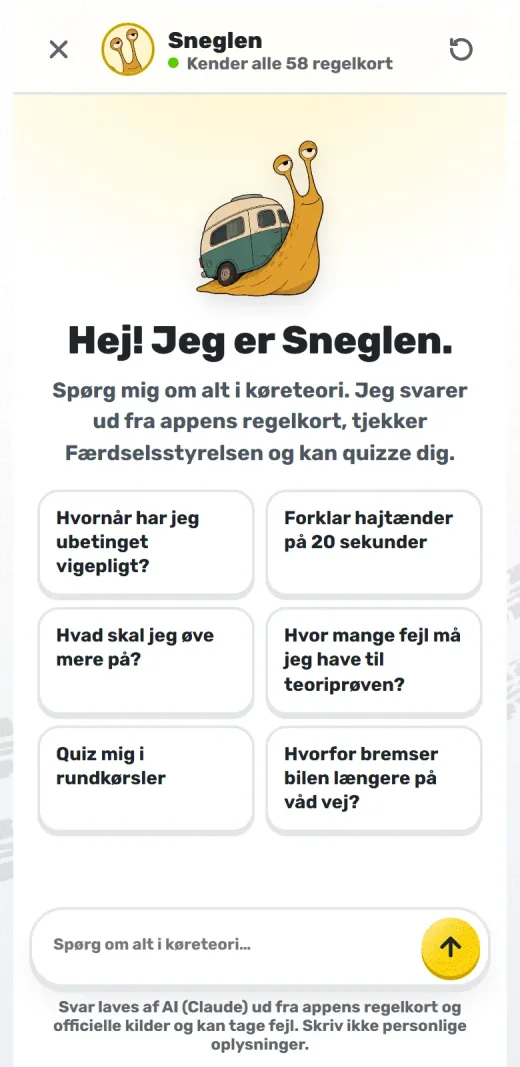 Sneglen in TeoriBoost mit regelbasierter Erklärung und Quellenangaben.
