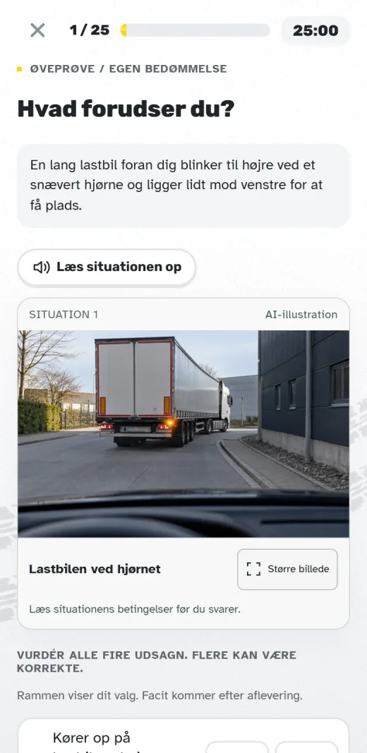 TeoriBoost-Übung mit einer Verkehrssituation und Antwortmöglichkeiten.