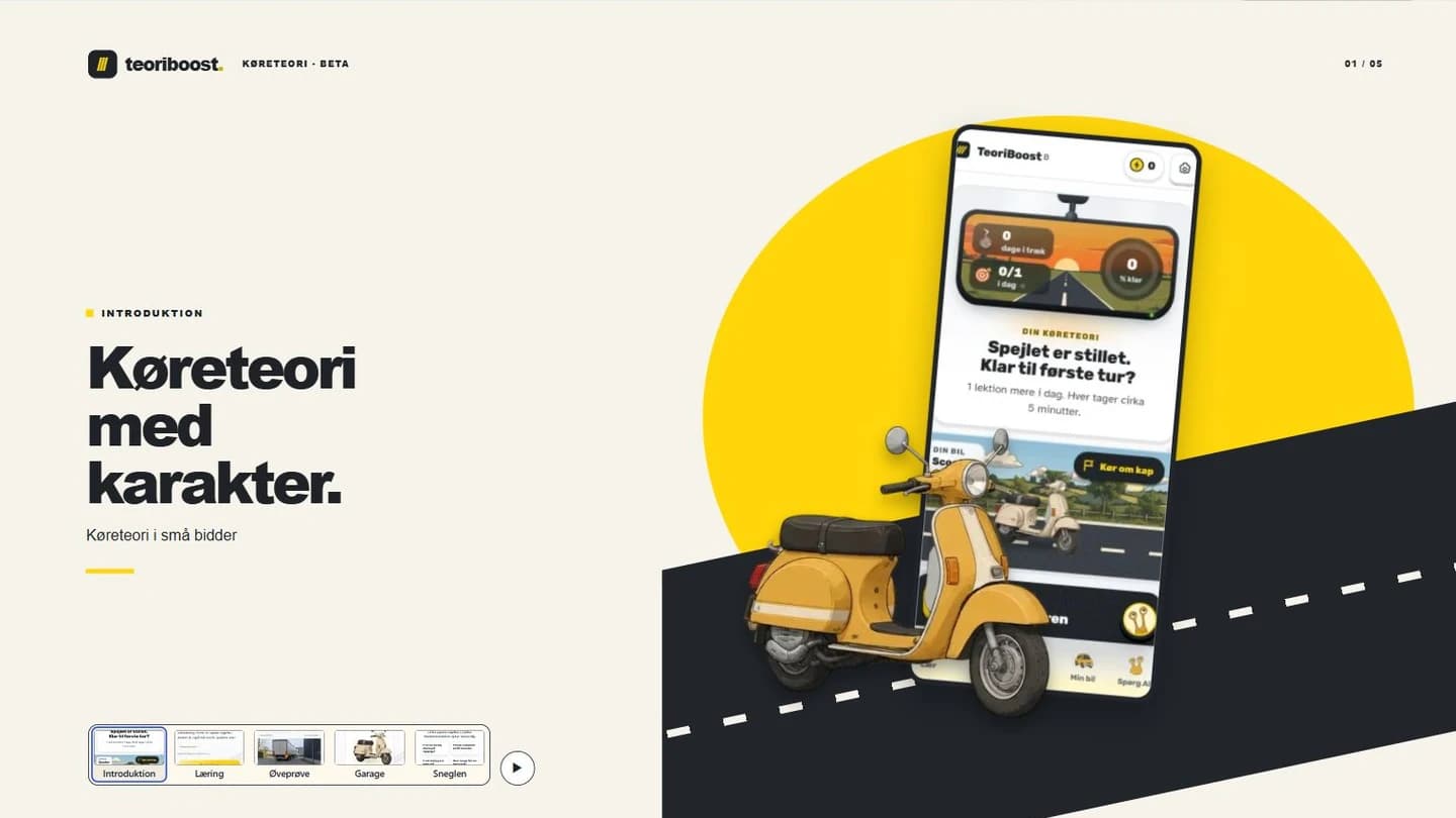 TeoriBoost driving theory experience with yellow and charcoal interfaces and illustrated traffic situations.