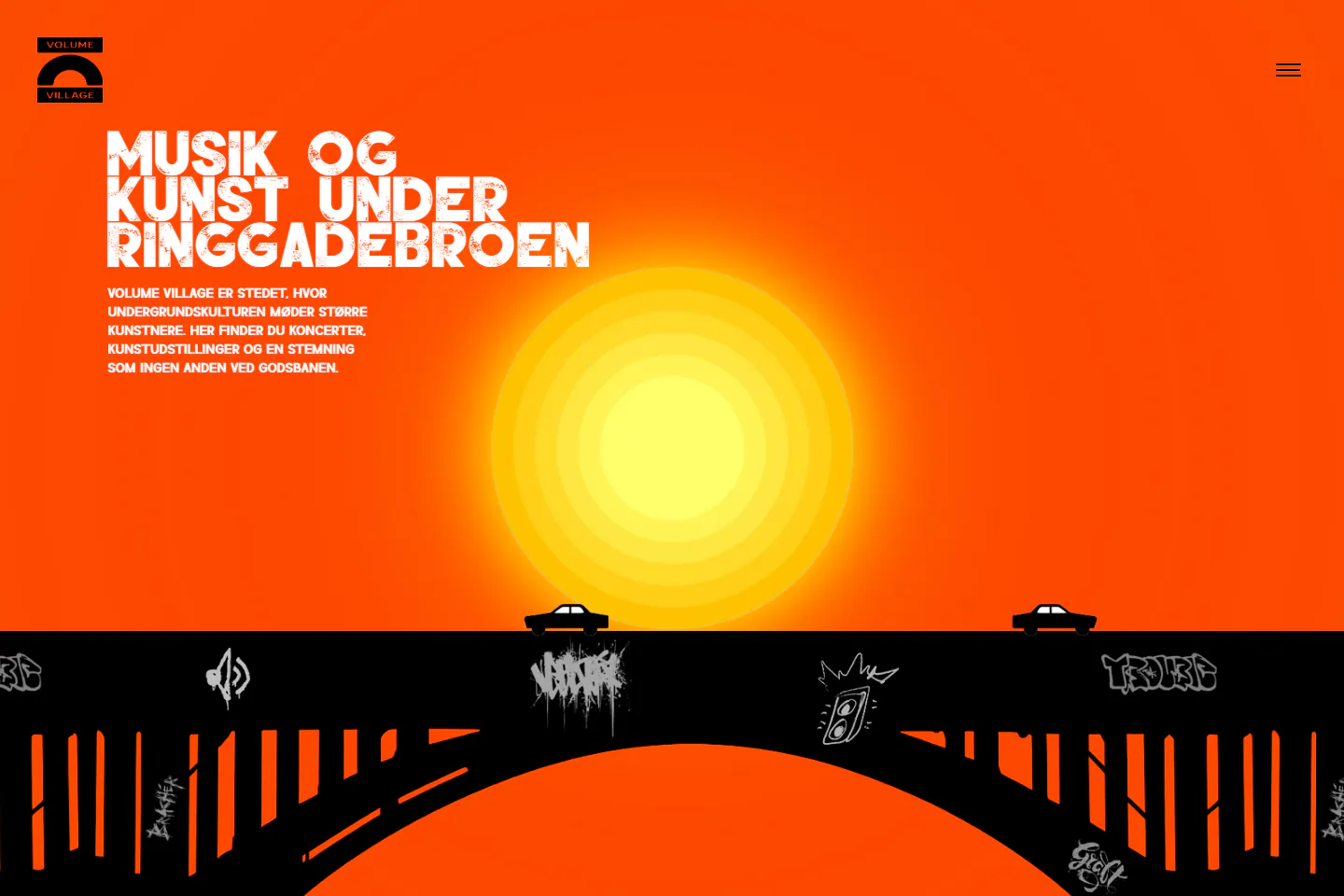 Volume Village website with bold distressed type, orange sky, glowing sun, and illustrated traffic beneath Ringgadebroen.