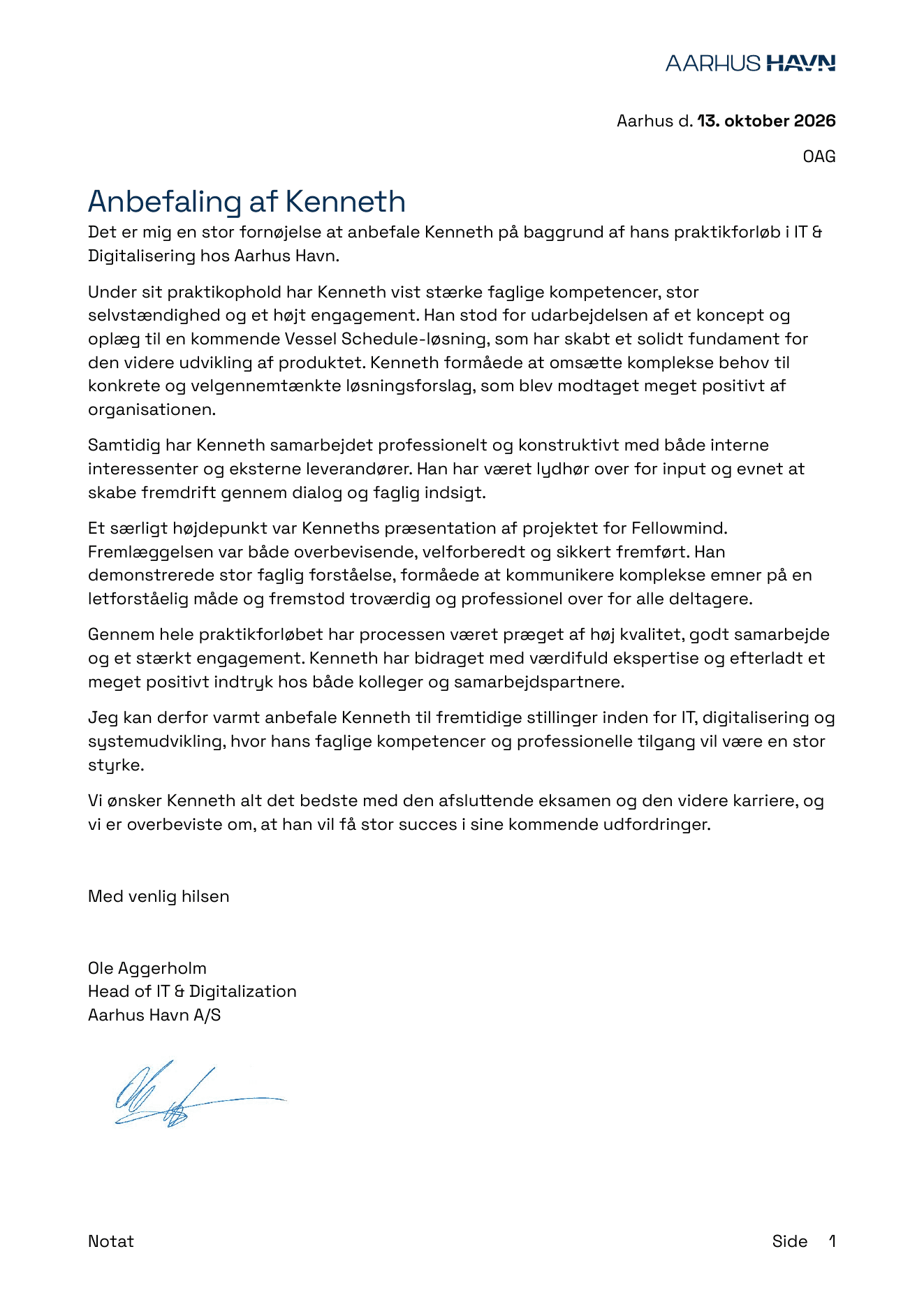 The complete recommendation letter from Port of Aarhus