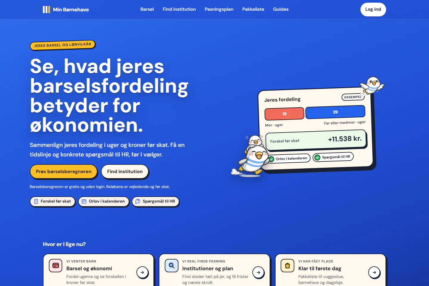 Min Børnehave: Milo illustrations, animated parental-leave and subsidy examples, and a scrolling preview of the current website.
